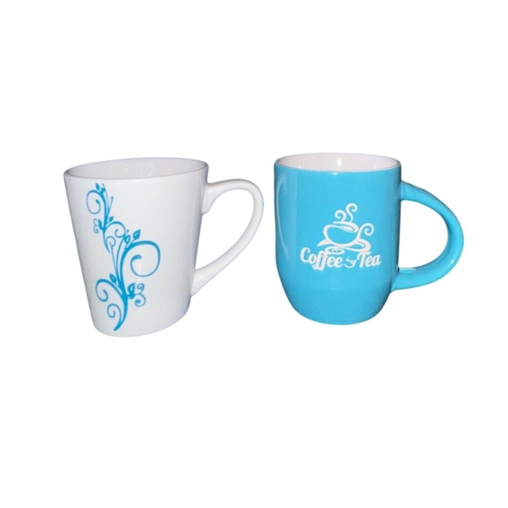 Set Of 2 Coffee & Tea Mugs With Blue Floral & Logo Designs